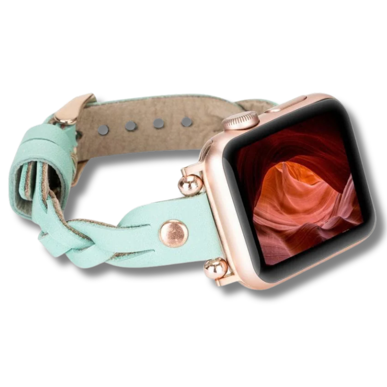 Leather Apple Watch band in mint green with braided design, by LEATHERE, featuring a stylish and comfortable fit for Apple Watch.