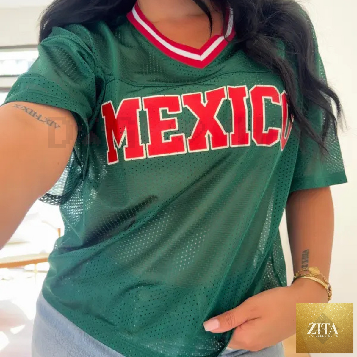 Unisex Mexico jersey T-shirt by Zita La Belle Elite with Mexican flag and soccer team logo, representing Mexican pride.