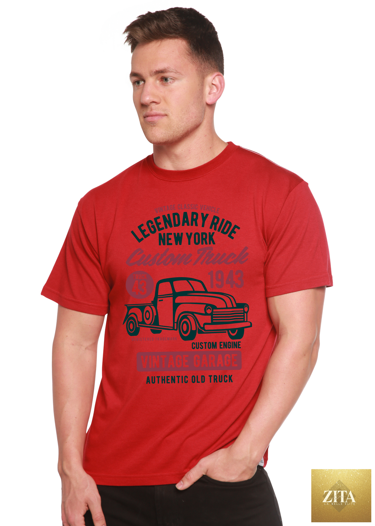 Spun Bamboo Legendary Ride Custom Truck men's graphic T-shirt in bamboo viscose and organic cotton with a truck design.
