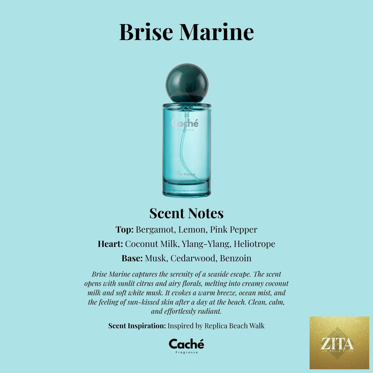 Unisex fragrance Caché Brise Marine by elvis+elvin with a sleek glass bottle and ocean-inspired scent profile.