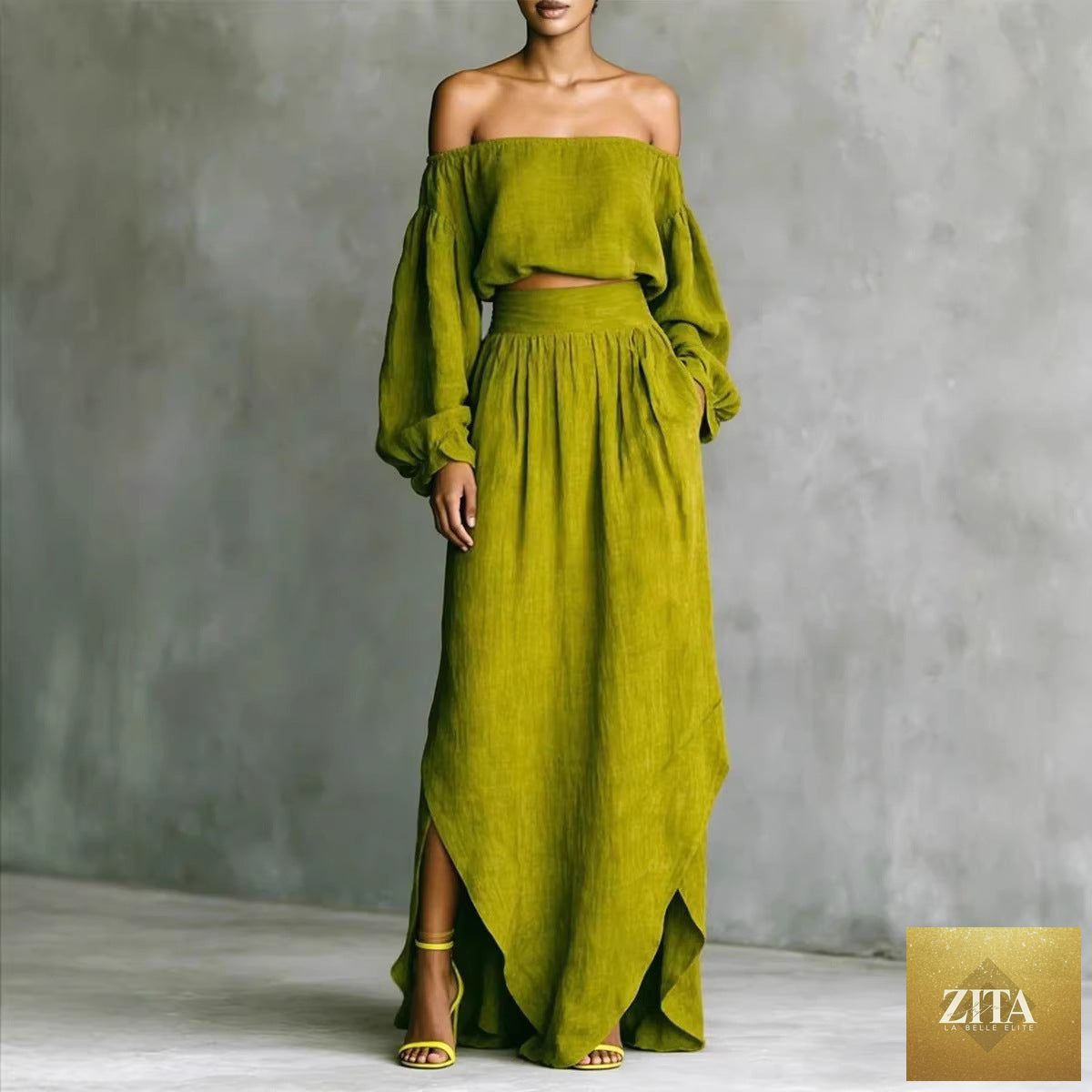 Zita La Belle Elite women's off-shoulder top and asymmetrical maxi skirt set, casualwear 2-piece outfit in soft fabric.