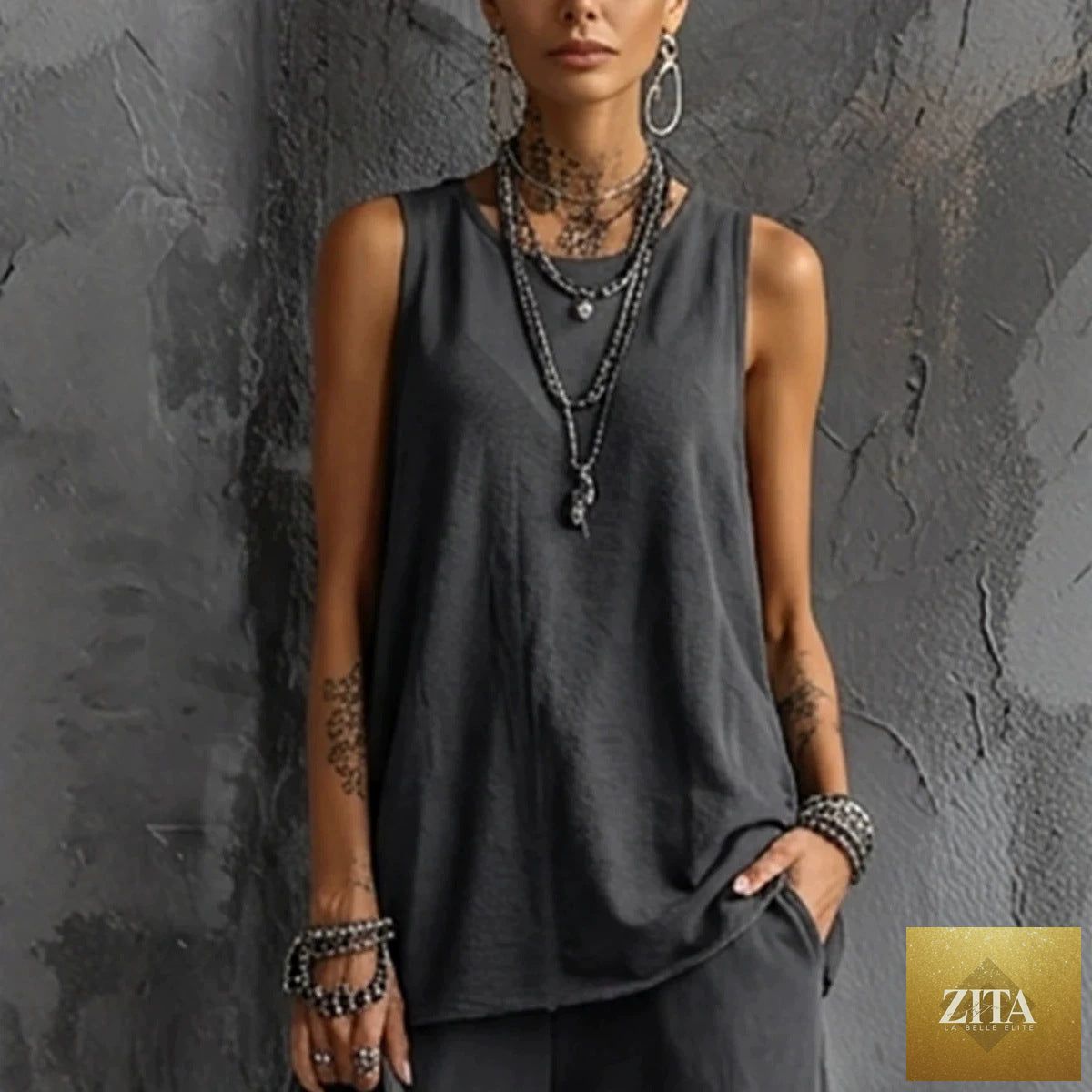 Women's sleeveless tank top and cropped ankle pants set by Zita La Belle Elite, featuring a stylish two-piece outfit.