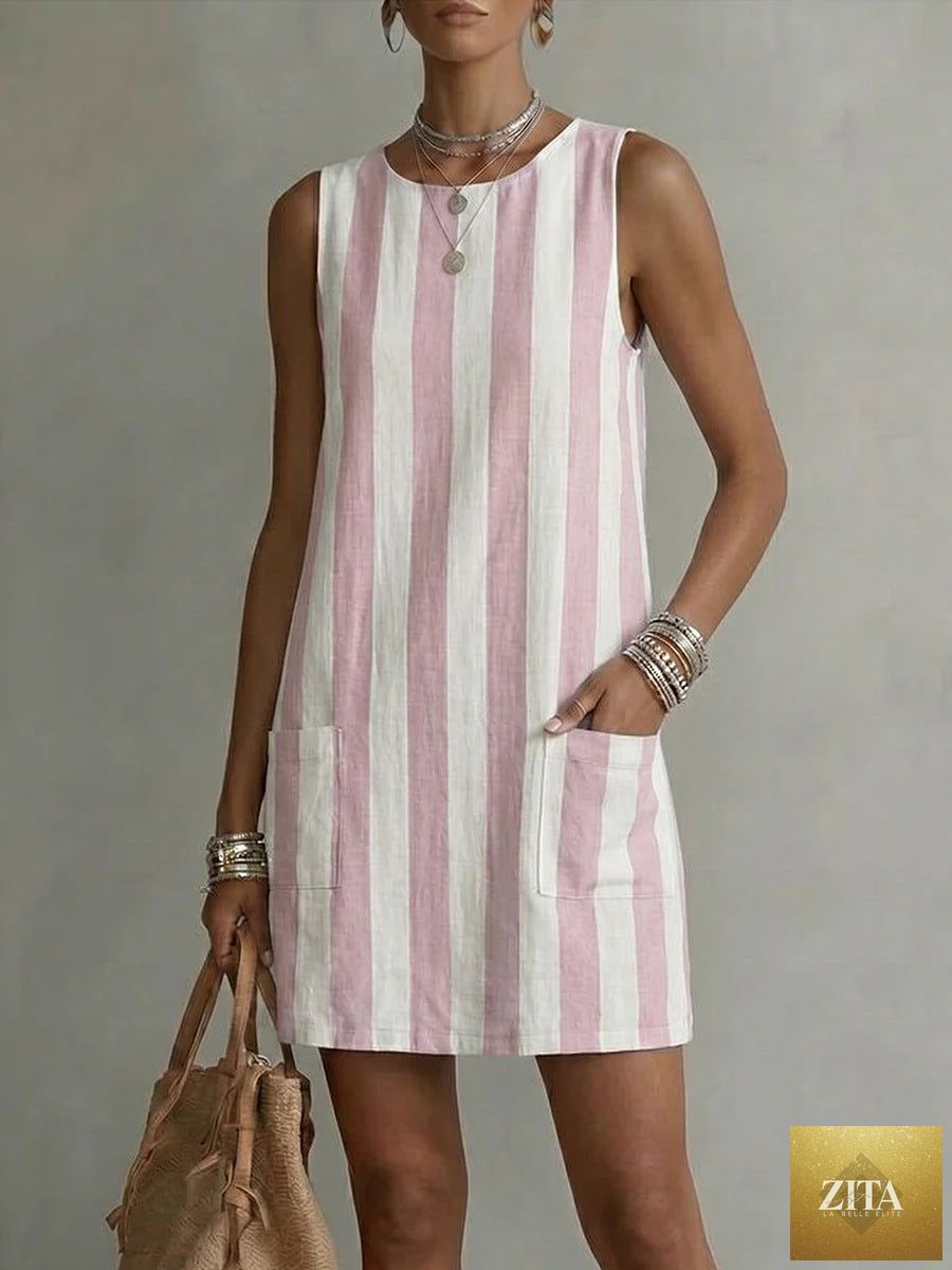 Women's striped color-block sleeveless mini dress by FitiqueFit, showcasing a loose fit casualwear dress with vibrant stripe patterns.