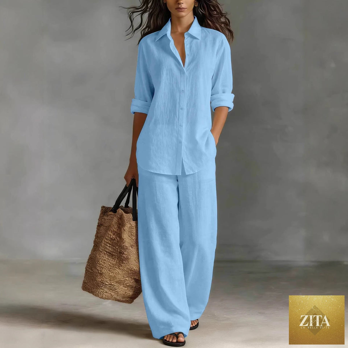 Women's Bohemian cotton-linen top and pants set by Zita La Belle Elite, casualwear lounge co-ord with relaxed fit and natural fabric texture.