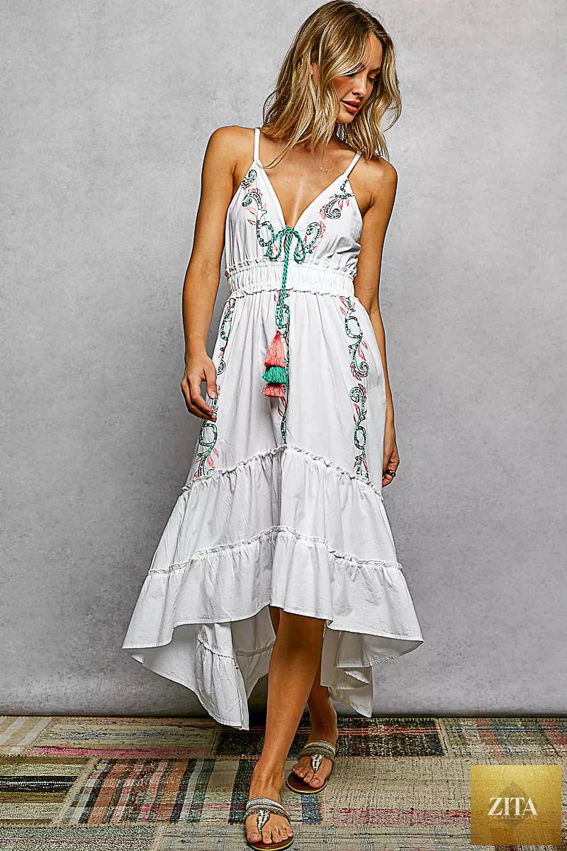 Blue Lotus Boutique embroidered detail tassel tie smocked waist midi tiered cami dress, lightweight and stylish for summer wear.
