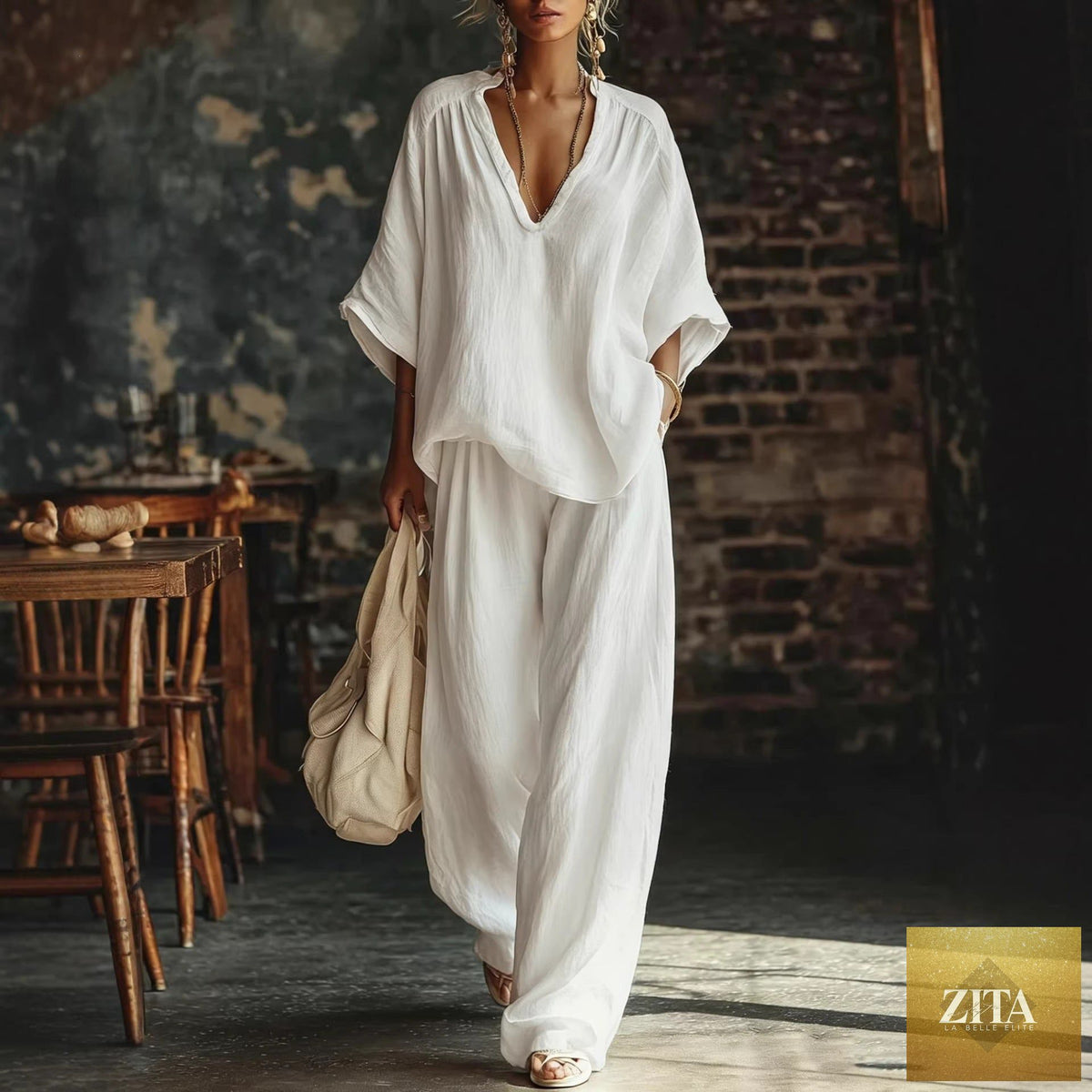 Zita La Belle Elite casualwear set with v-neck loose short-sleeve top and matching pants in five colors, available in sizes S to 4XL.