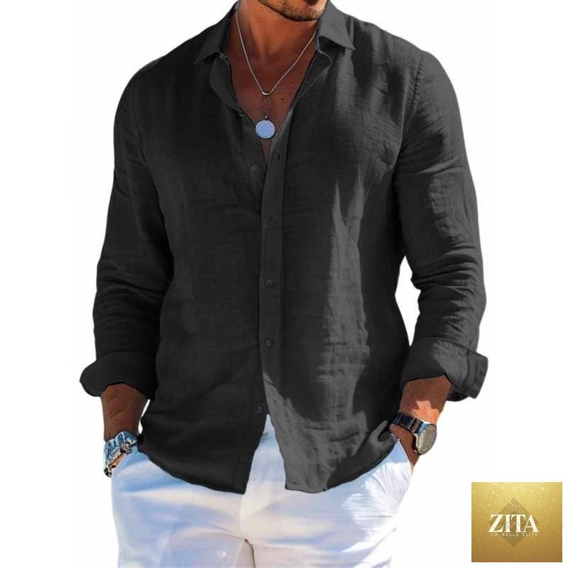 Mandotos men's long sleeve casual shirt with loose fit, solid color, lapel collar, button front, plus size blouse style.