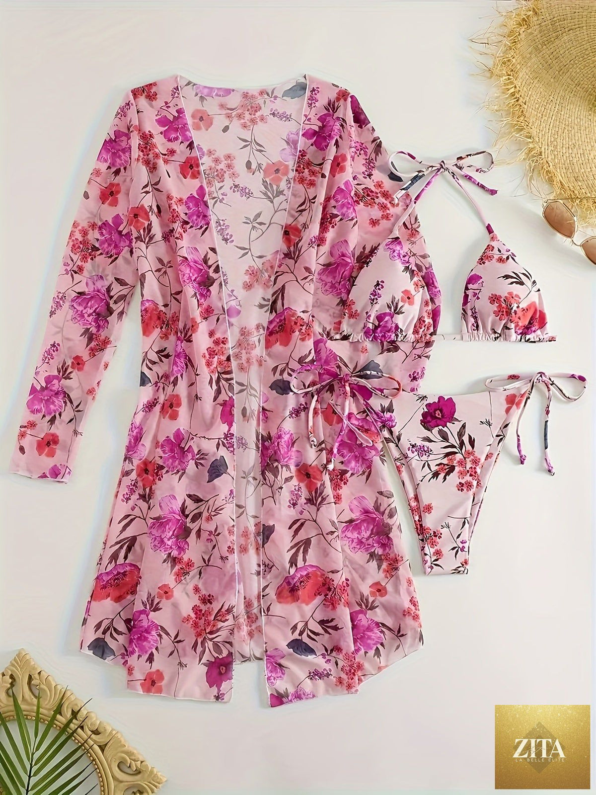 European style floral print 3-piece bikini set for women with V-neck, cross straps, and matching long sleeve cover-up, summer beachwear.