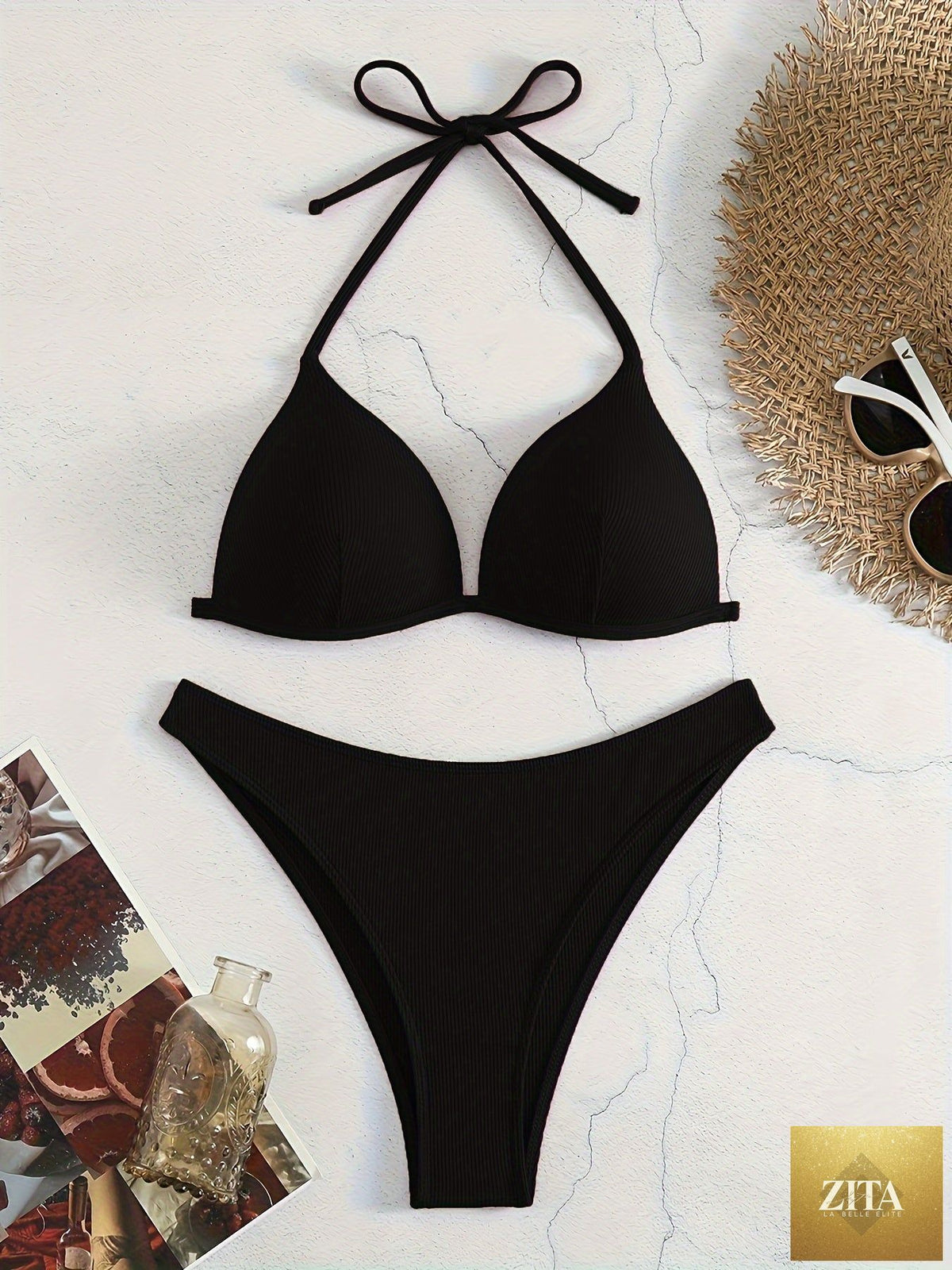 Stevvex rib knit solid color triangle bikini set with adjustable halter ties, spaghetti straps, perfect for summer beach and pool relaxation.