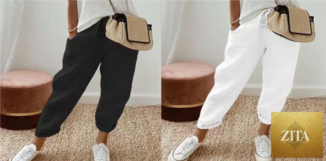 Women’s cotton linen casual pants in solid color, by FitiqueFit, shown in a relaxed fit with a comfortable waistband and straight leg fit.