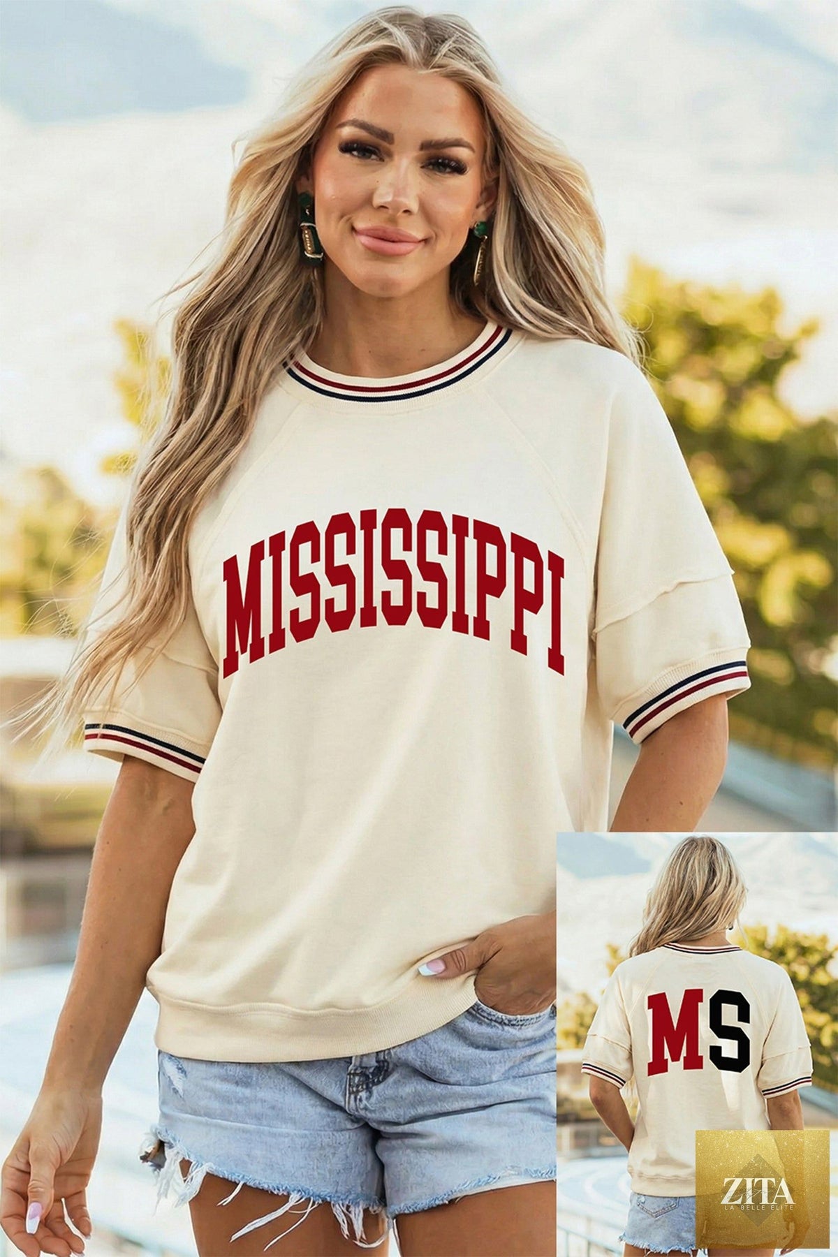Beige Mississippi reversible printed short sleeve graphic tee from Wild and Free Boutique, featuring preppy design and casual fit.