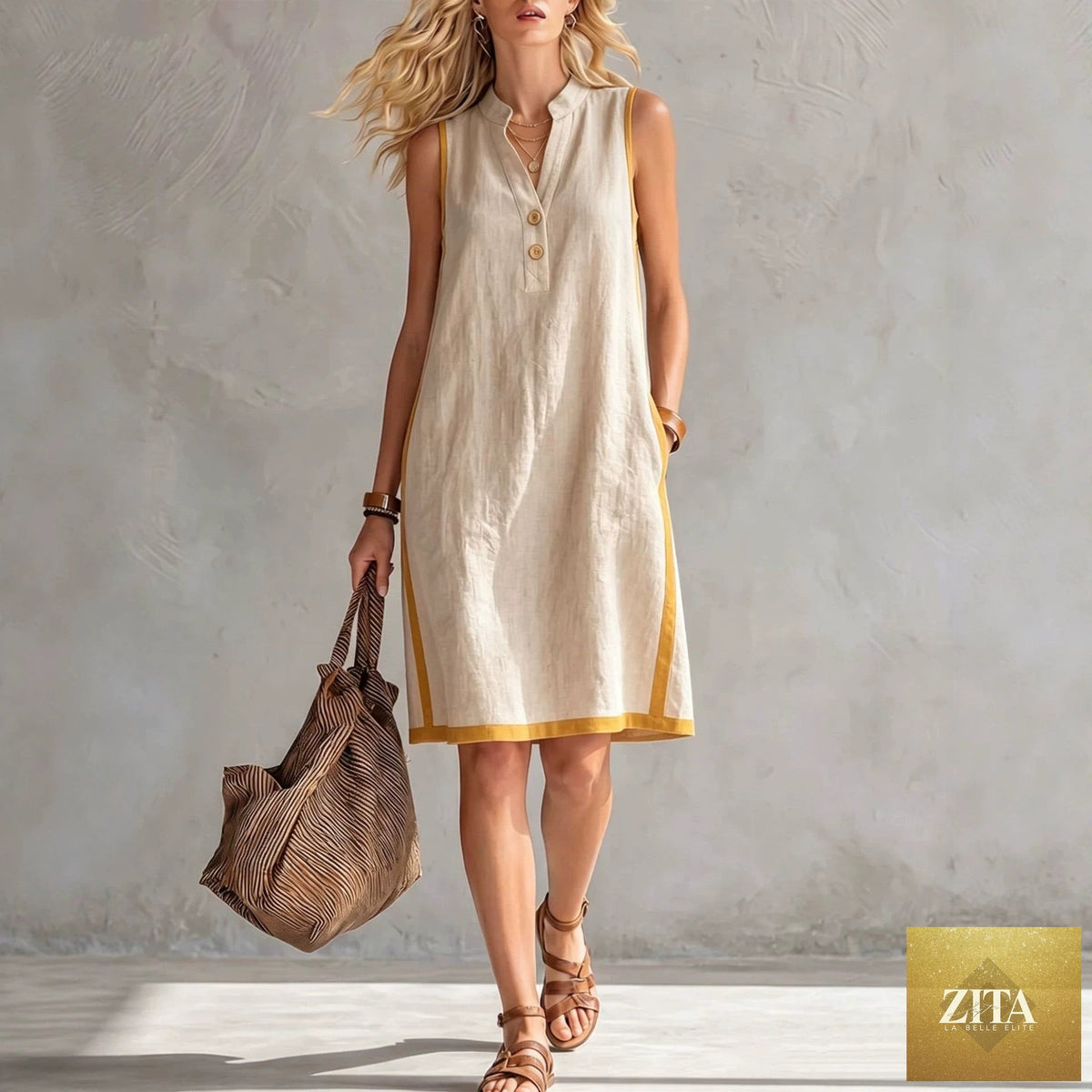 Women's sleeveless V-neck button-front A-line midi dress with pockets, casualwear by FitiqueFit, shown in a light fabric.