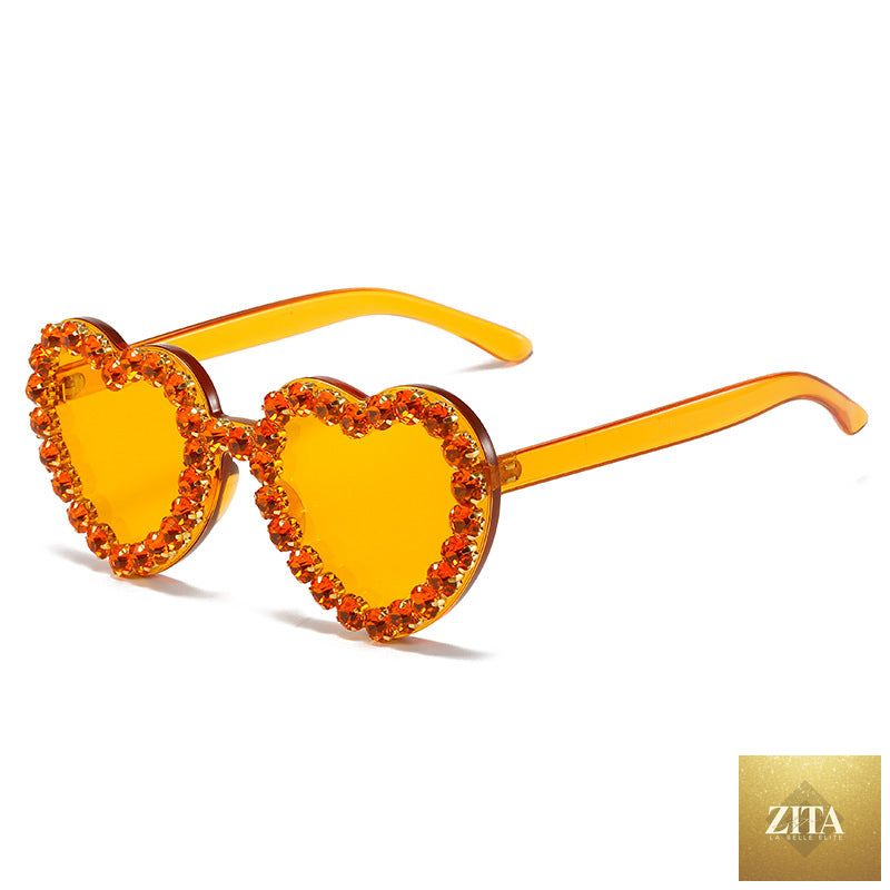 Peach heart-shaped rhinestone sunglasses by FitiqueFit featuring Y2K INS style eyewear with sparkling rhinestones and trendy design.