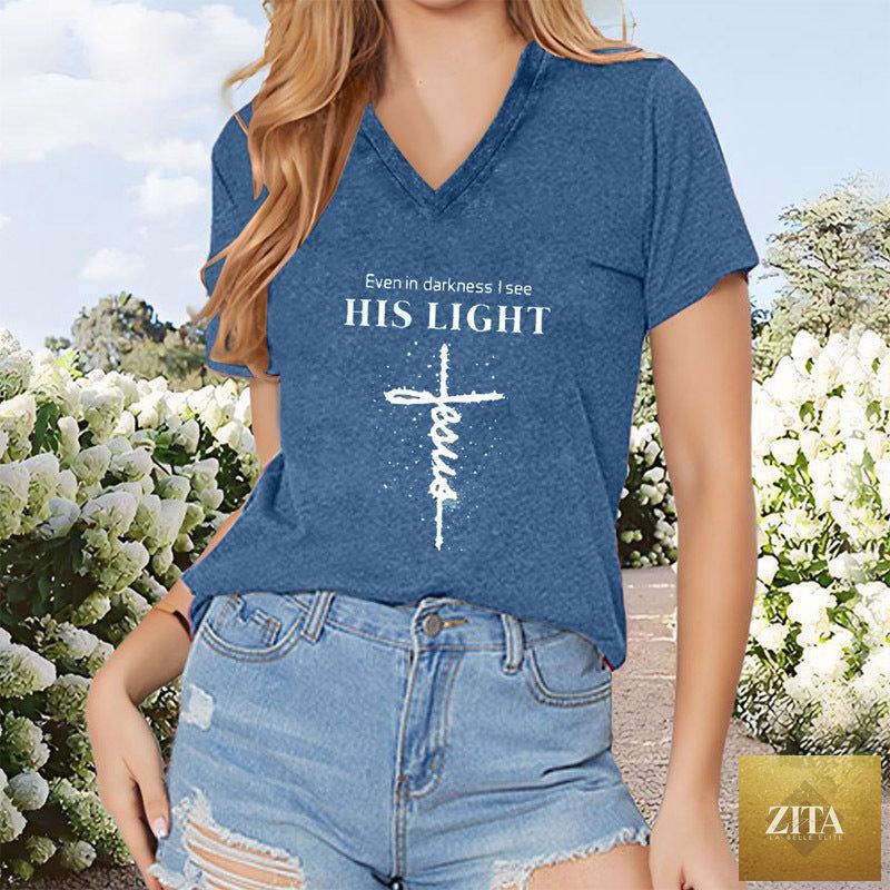 Women's V-neck T-shirt by Zita La Belle Elite featuring geometric cross design, short sleeves, casual summer style.