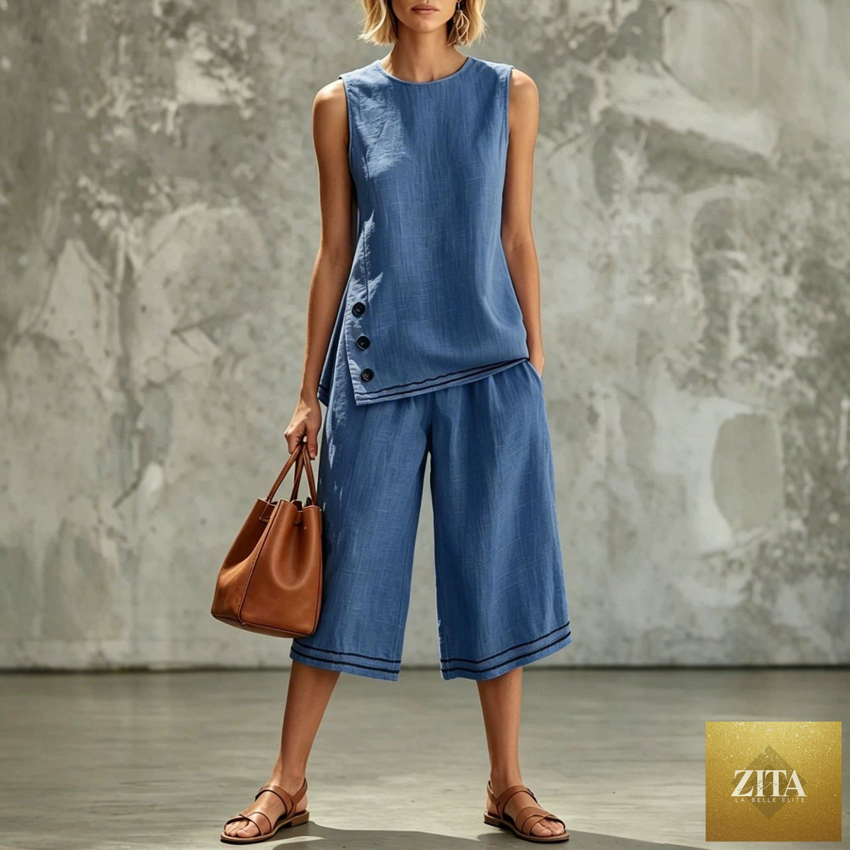 Zita La Belle Elite women's tank top and wide-leg pants set with side split, pockets, and button details, casual summer outfit.