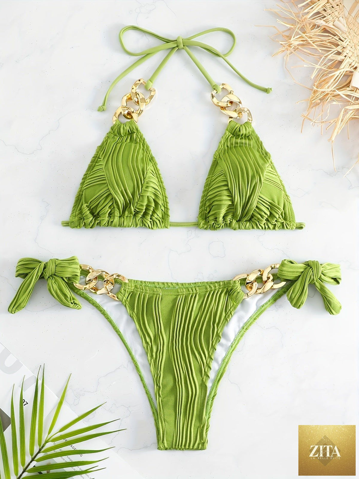 Striped gold chain bikini set with ruched texture, triangle top, bow tie sides, and ring link detail for women’s summer beachwear.