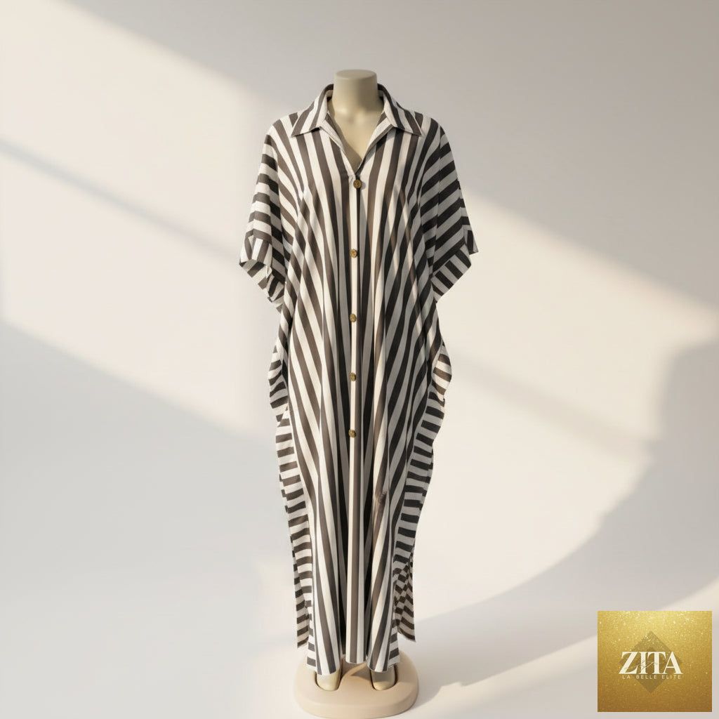 African-inspired striped loose long dress by FitiqueFit in one size, featuring vibrant colors and flowing fabric.