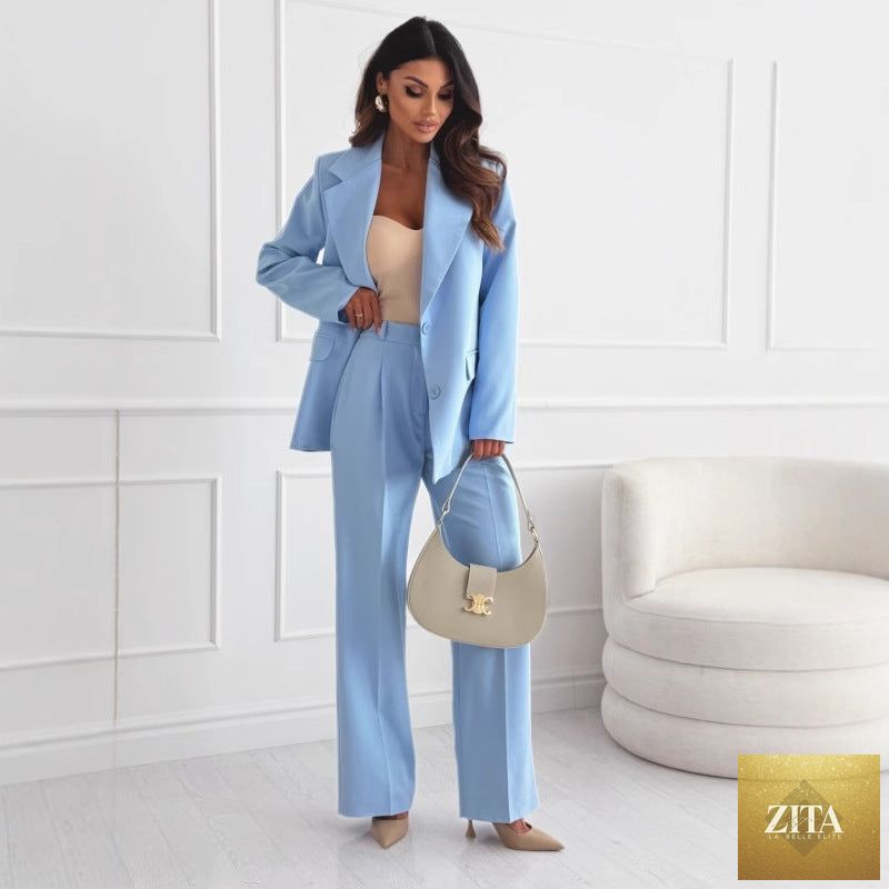 Women's professional blazer and trousers suit set by FitiqueFit, long sleeve, full length, tailored for a polished office look.
