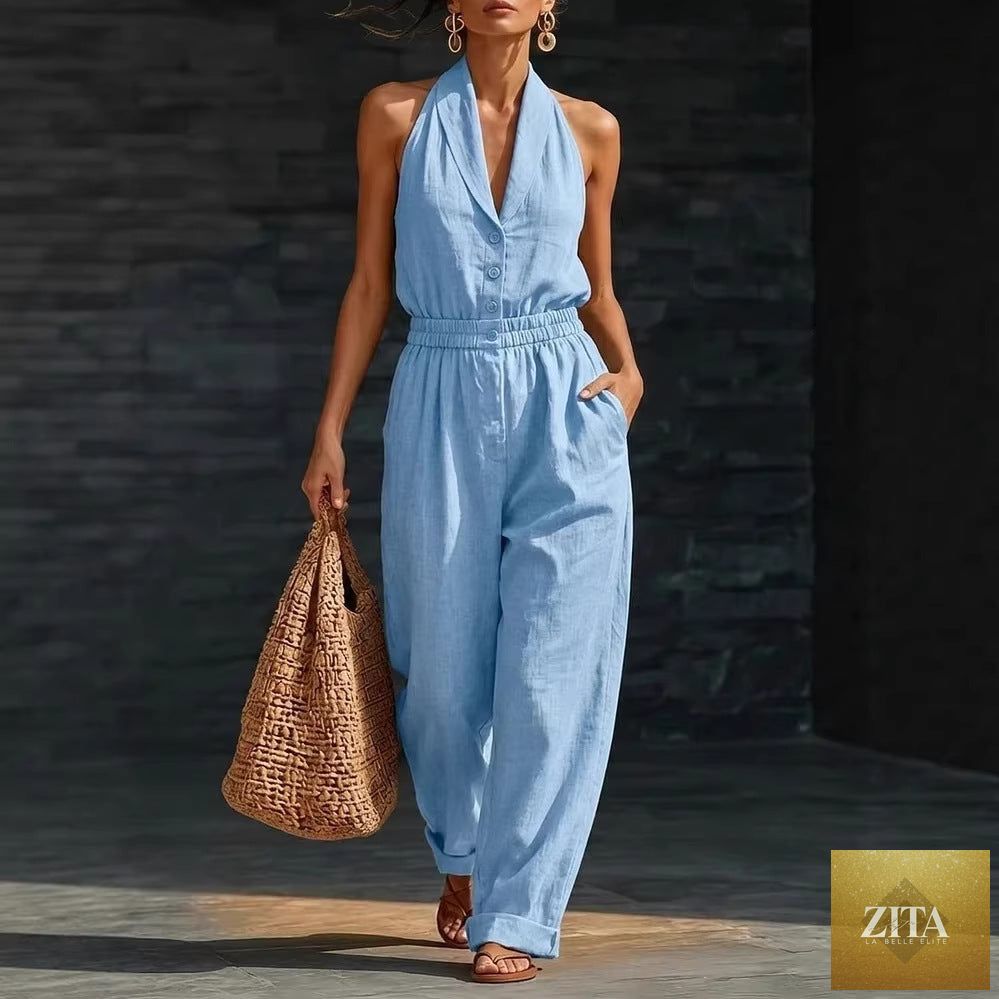 Women's knitted V-neck slim-fit cropped jumpsuit by Zita La Belle Elite, showing a casual, stylish fit in soft knit fabric.