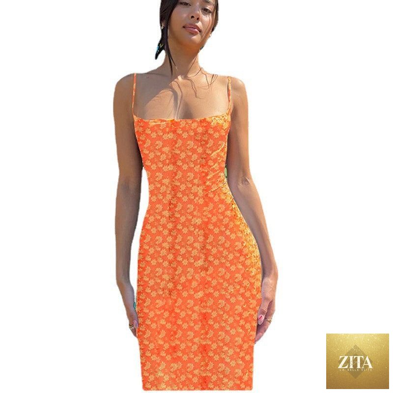 Women's slim fit printed backless casual dress by FitiqueFit, featuring a stylish design and comfortable fit.