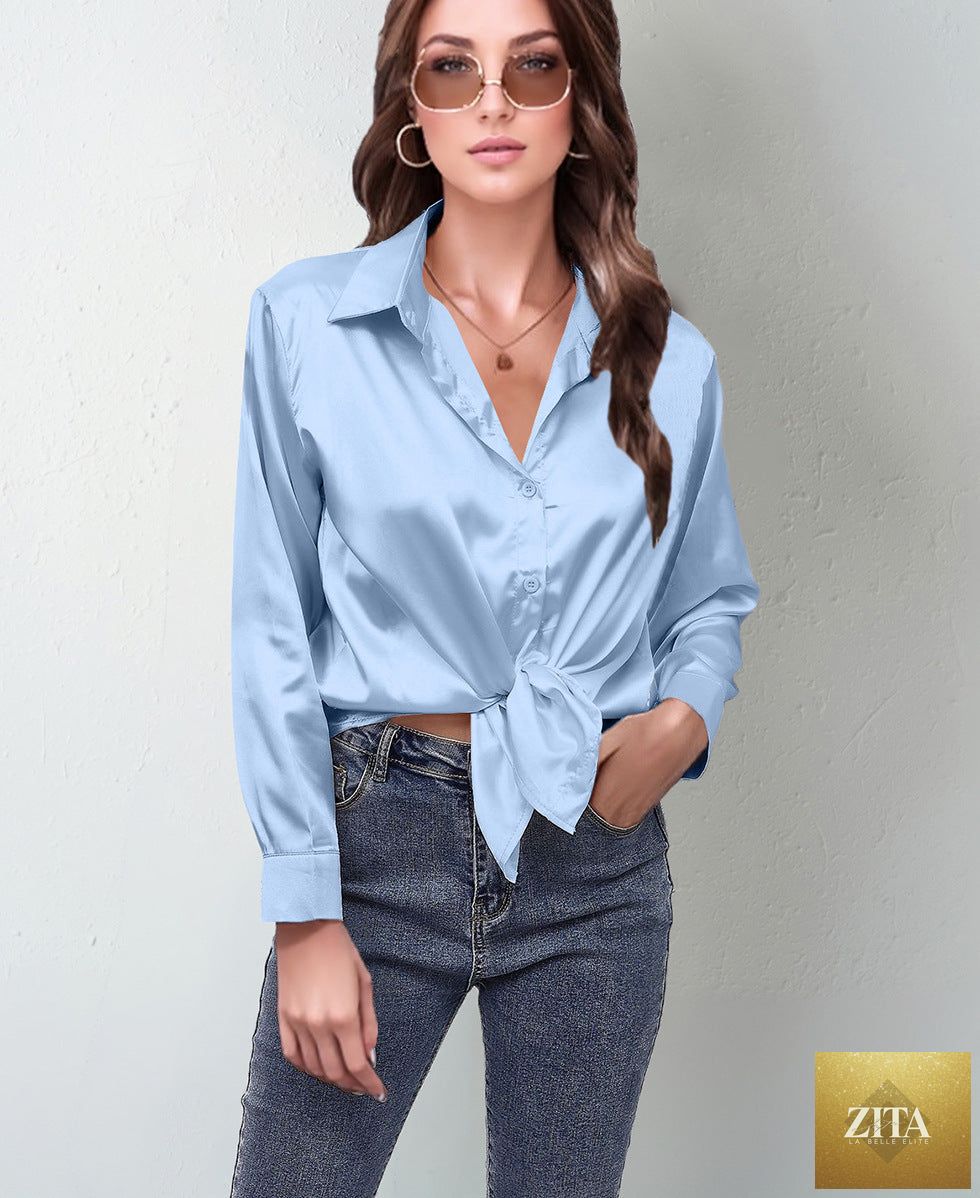 Women’s satin lapel button-down blouse by FitiqueFit, casualwear style with smooth satin fabric and classic collar detail.