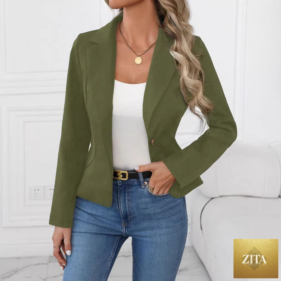 Women's slim fit solid color blazer by FitiqueFit, French style long sleeve jacket, tailored coat for a sleek, polished look.