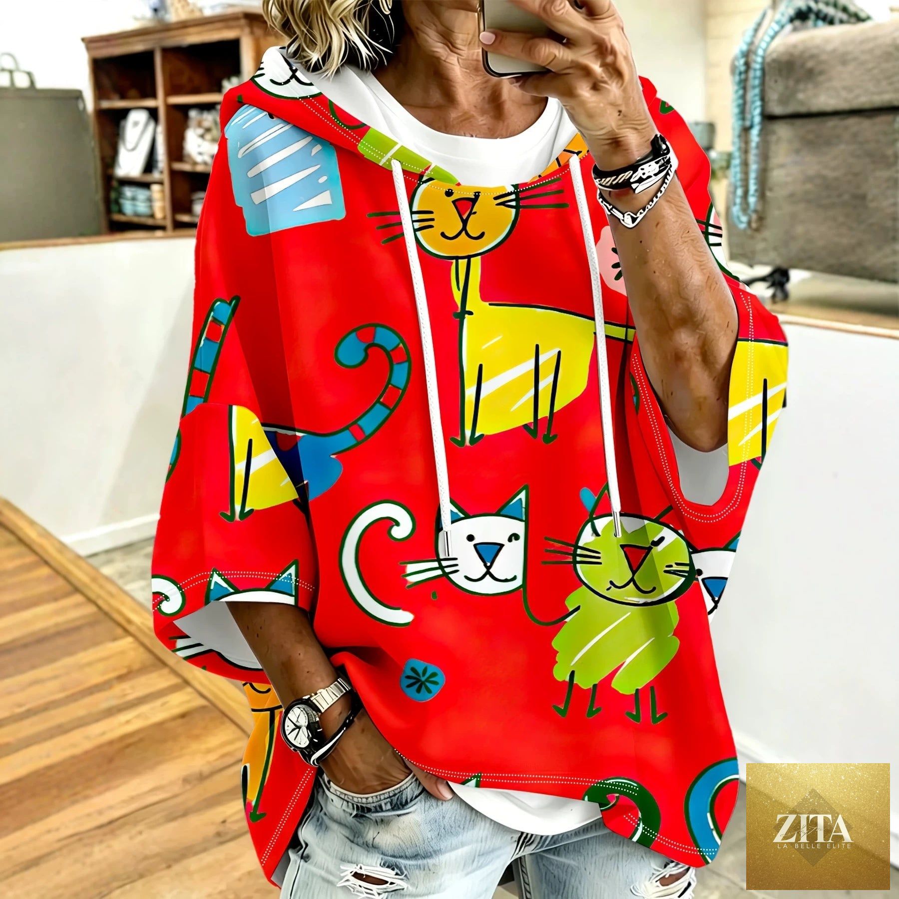 Cartoon Cat Print Hoodie with 3/4 Sleeves & Drawstring