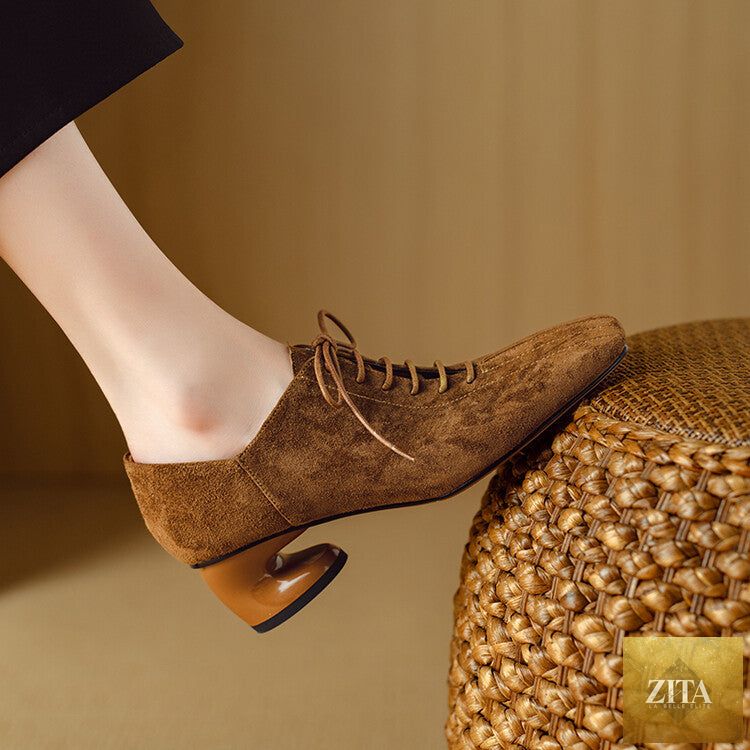 Zita La Belle Elite women's retro sheepskin square toe chunky heel pumps with lace-up mid heel, stylish footwear for women.