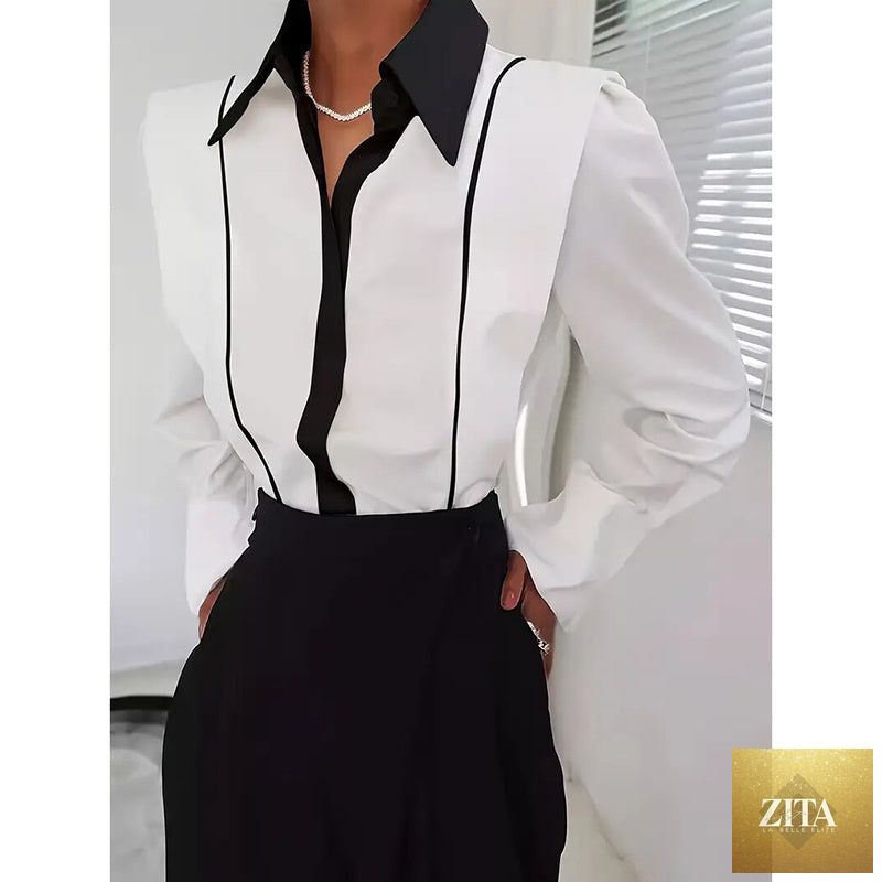 Women’s black and white colorblock casual shirt by FitiqueFit, featuring a stylish design and comfortable fit.