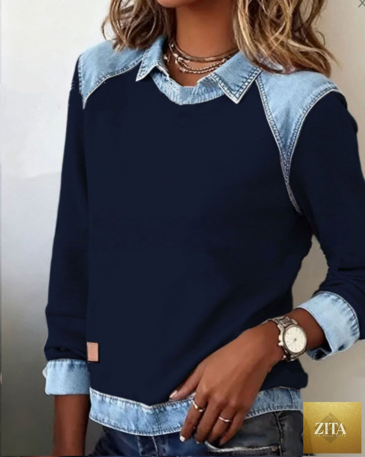 FitiqueFit women's denim collar patchwork pullover knitwear top, casual street style sweater with mixed fabric details.