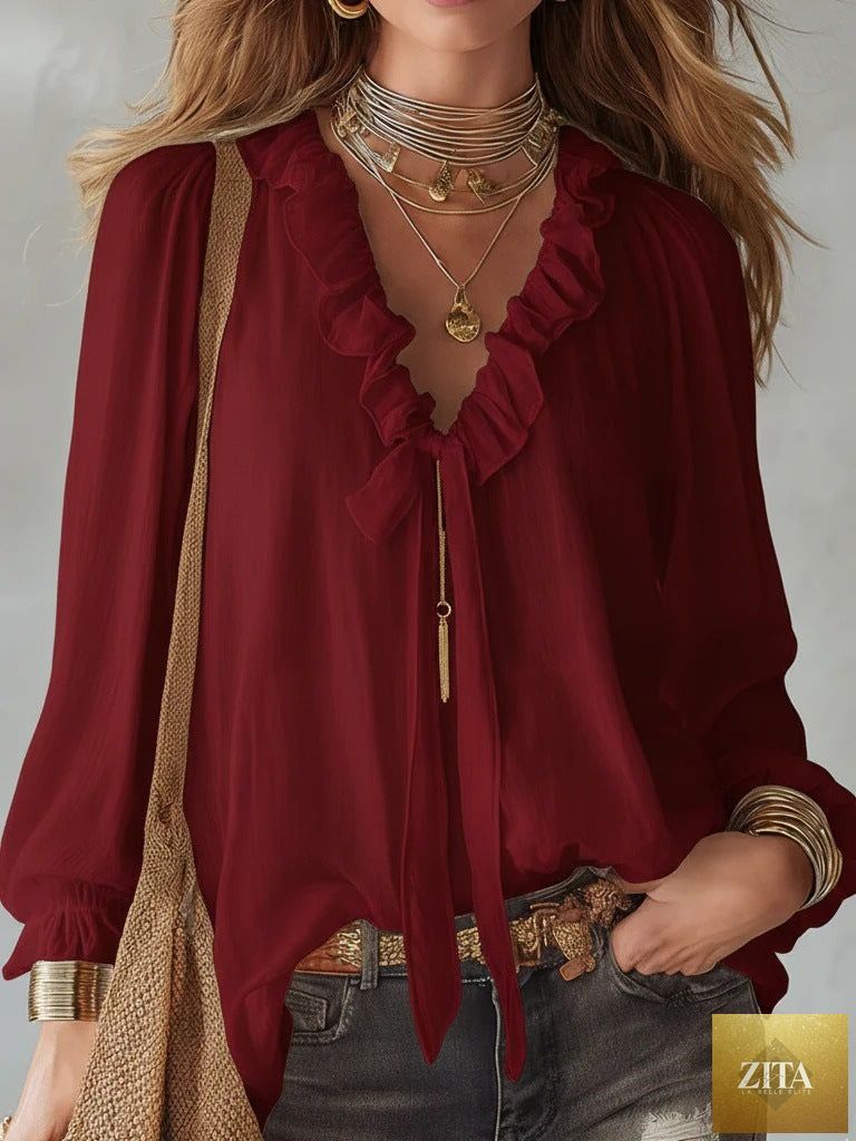 Zita La Belle Elite V-neck loose-fit casual shirt top in no-iron fabric, shown in a neutral color.