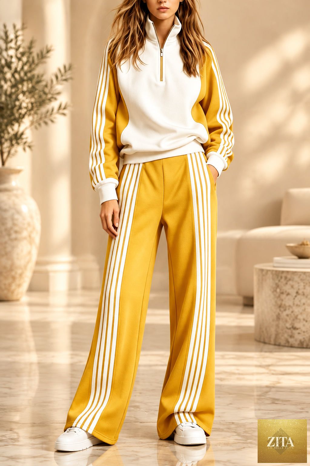 Women's Three-Stripe Colour-Block Half-Zip Sweatshirt & Wide-Leg Track Trouser Set