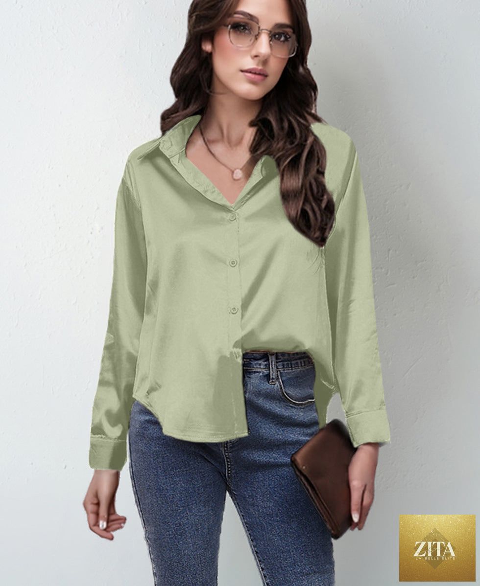 Women’s satin lapel button-down blouse by FitiqueFit, casualwear, showing the elegant satin fabric and classic collar style.