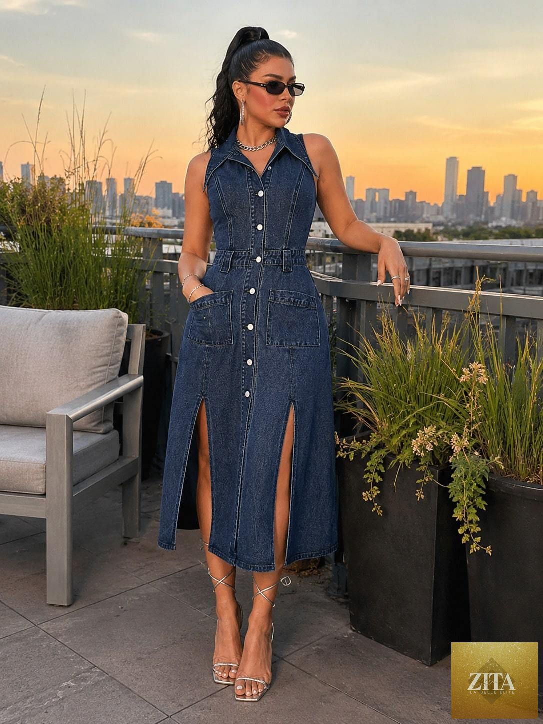 Women's retro washed denim midi dress by FitiqueFit, sleeveless style with collar, button-front, side slits, and pockets.