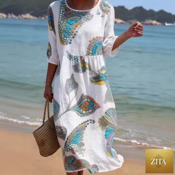 Women's 3D floral print long-sleeve A-line dress by Zita La Belle Elite, casualwear with crew neck and loose fit, displayed on a model.