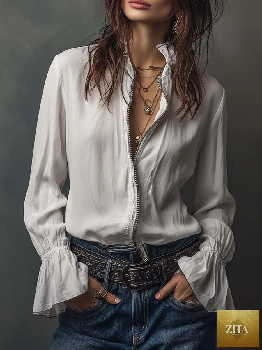 Women's FitiqueFit ruffled sleeve resort shirt, casual long blouse with stretch fabric and stylish design, perfect for warm-weather wear.