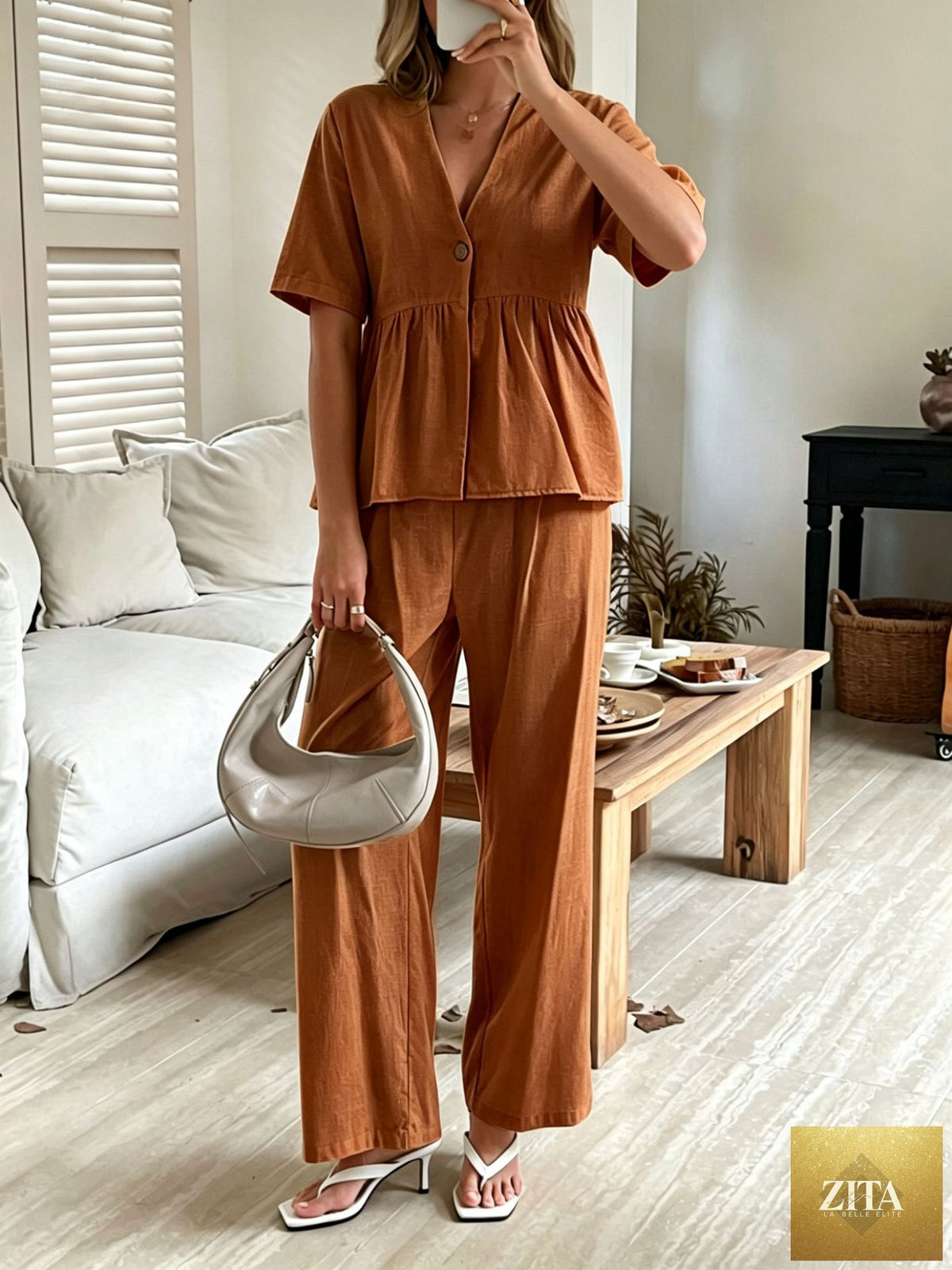 Women’s casual V-neck loose short-sleeve top and wide-leg pants set by Zita La Belle Elite, shown in a relaxed fit on a model.