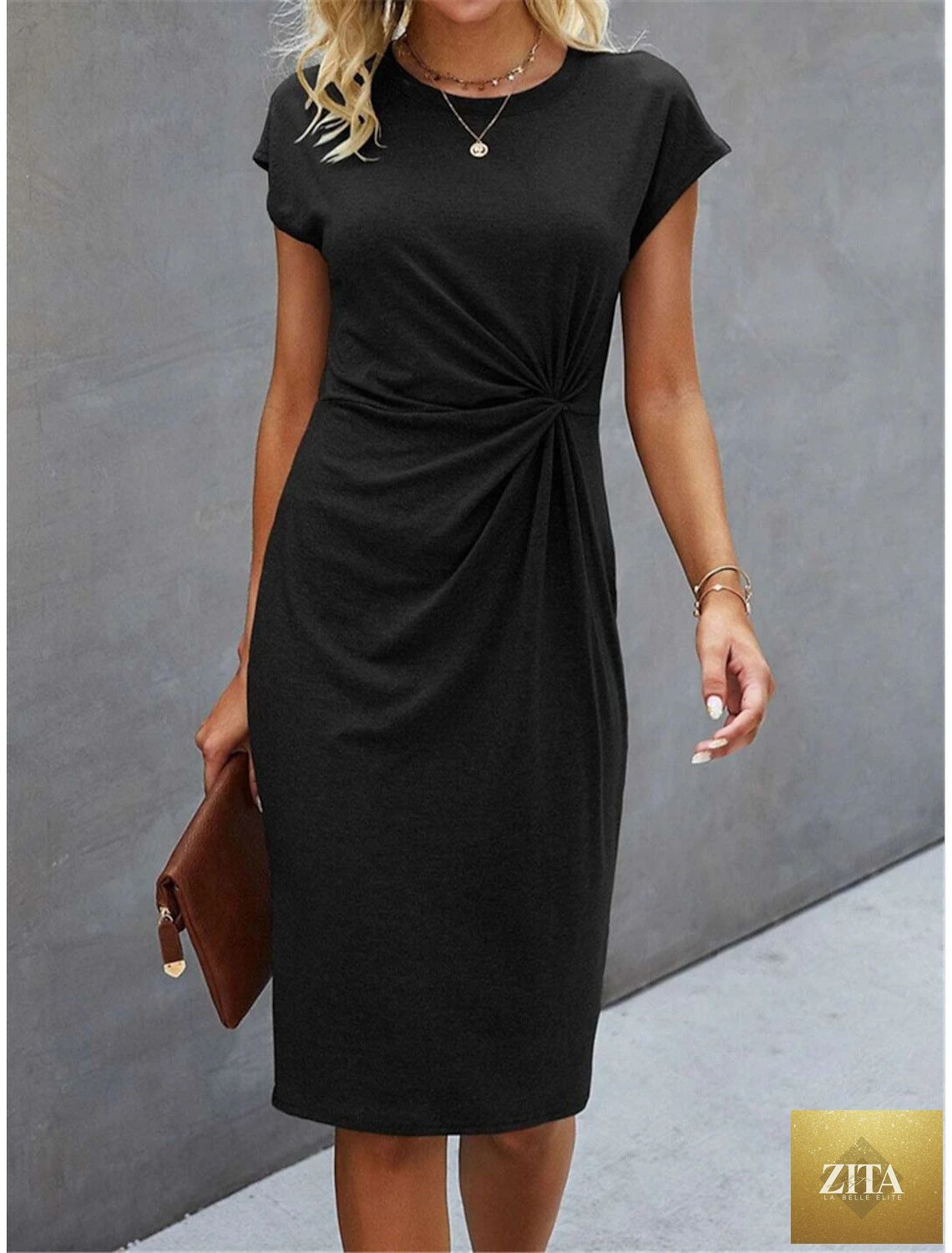 FitiqueFit front knot bodycon midi dress with round neck and sleeveless tie design, perfect for a chic, fitted look.