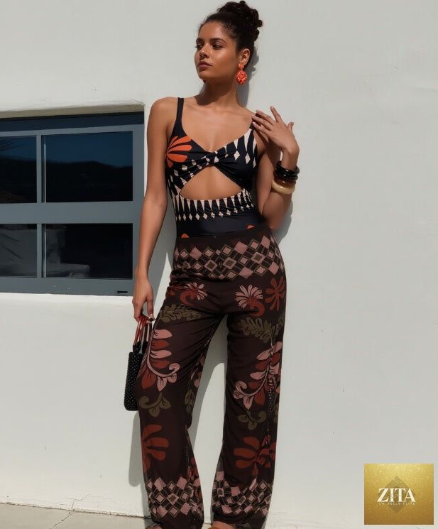 Zita La Belle Elite women's 2-piece swimsuit set with sleeveless top and wide-leg pants, perfect for beach or pool wear.