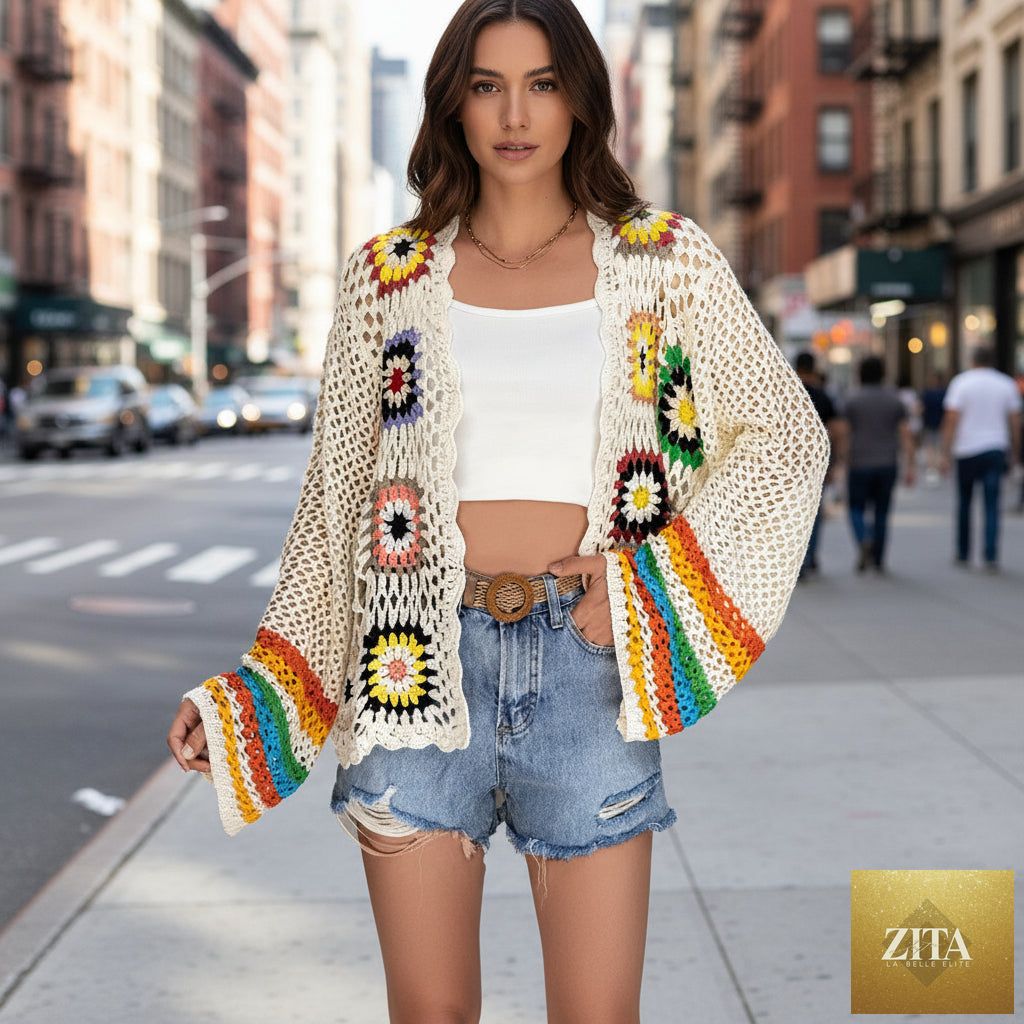Hand-crocheted floral boho cardigan sweater by FitiqueFit, open front knit top with colorful floral patterns, casual wearable style