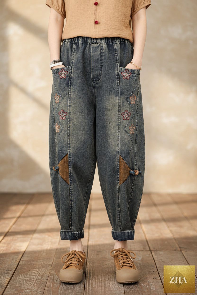 Women’s patchwork embroidered cropped harem pants by Zita La Belle Elite, featuring wide legs, high waist, and denim fabric.