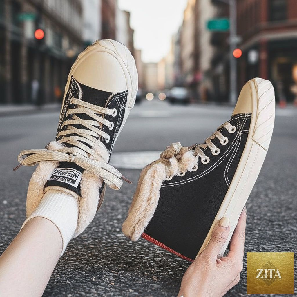 Women’s black winter sneakers by Zita La Belle Elite, thick flat high-top canvas shoes with velvet material and winter warmth.