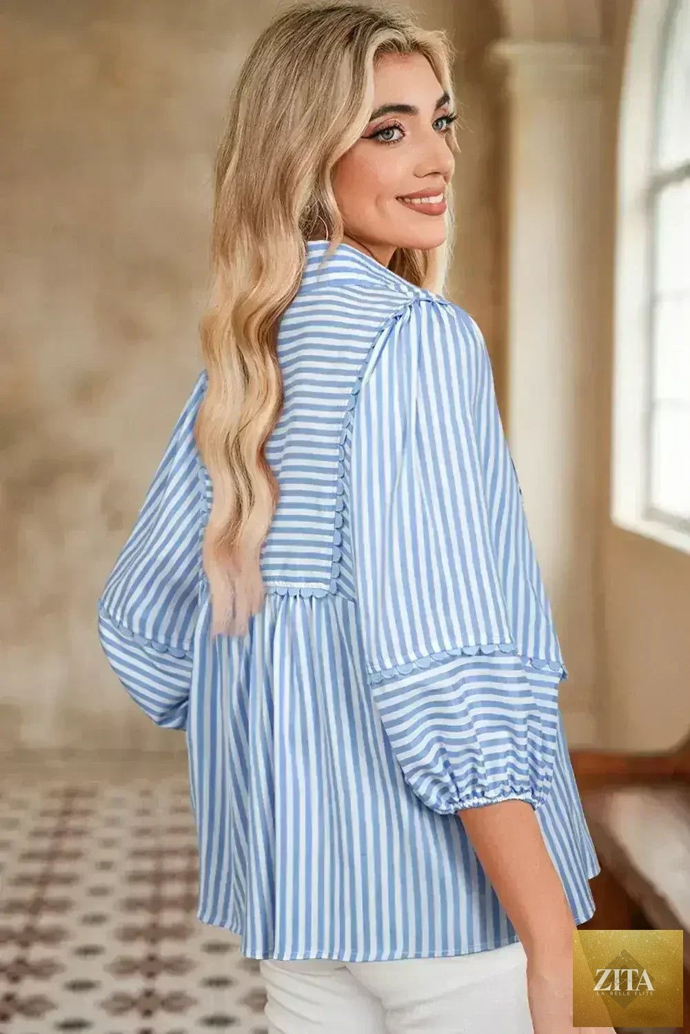 Sky blue striped Ric Rac trim collar V-neck blouse by Femstylo featuring a stylish design and feminine silhouette.