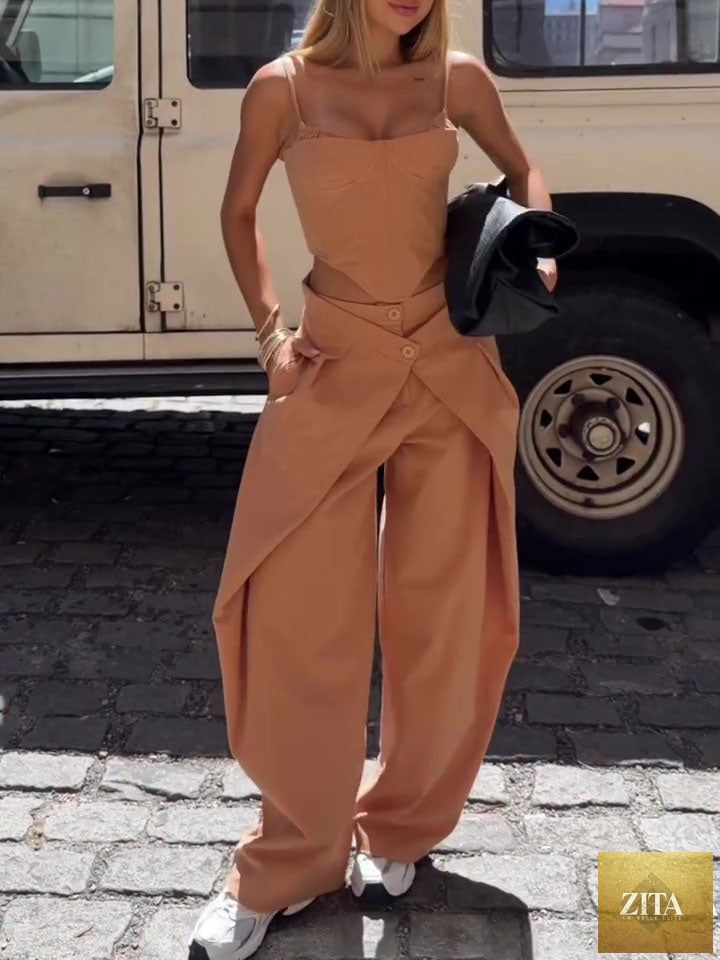 Zita La Belle Elite casualwear set with camel spaghetti strap corset top and wide-leg pants, XS to 2XL size.