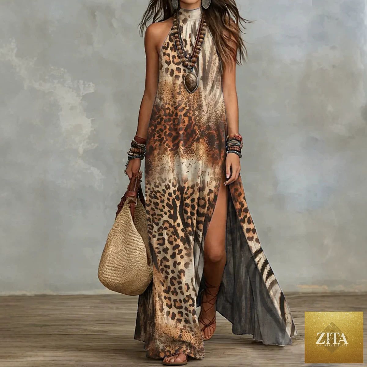 Women's sleeveless floral print maxi dress by Zita La Belle Elite, featuring split design and colorful floral pattern.