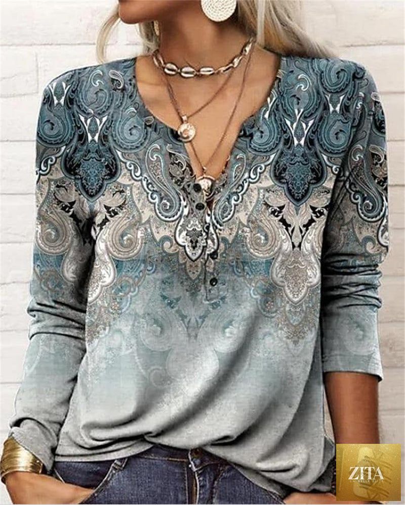 Women's ethnic print V-neck long sleeve casual T-shirt by Zita La Belle Elite, loose fit with colorful pattern on soft fabric.