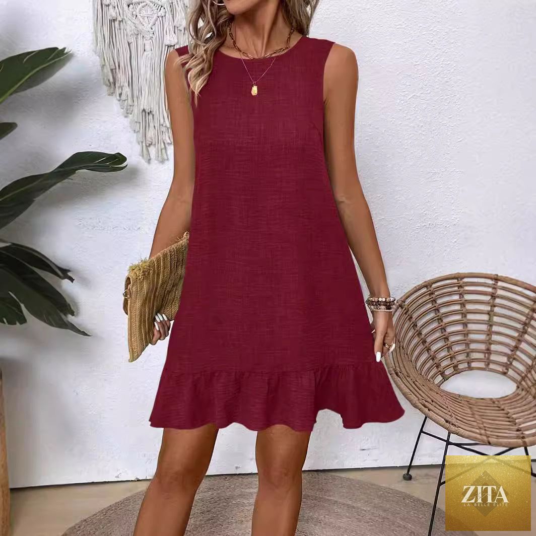 Women's ruffle lace-up mini dress by FitiqueFit featuring short sleeves and a loose beach dress style.