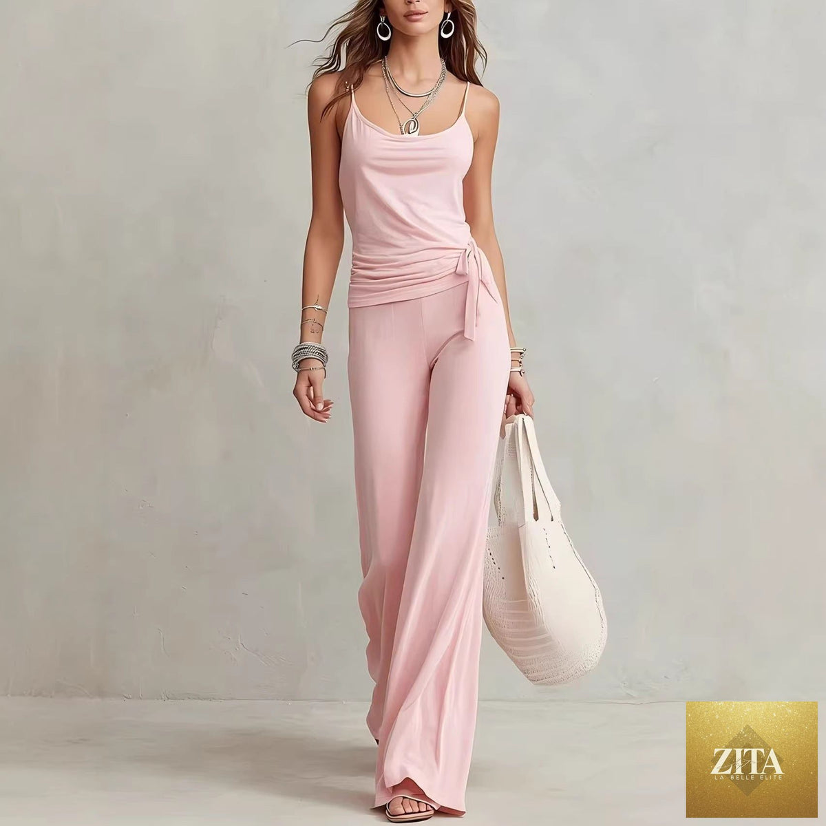 Women's sleeveless top and pants two-piece casualwear set by Zita La Belle Elite, solid color, comfortable fit, perfect for everyday wear.