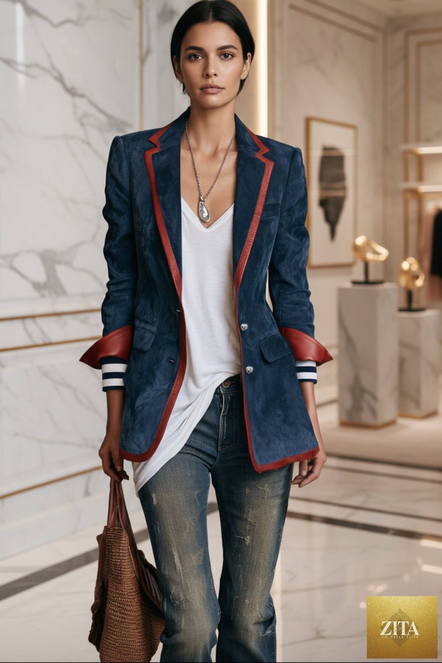 Suede Color-Block Blazer with Contrast Trim