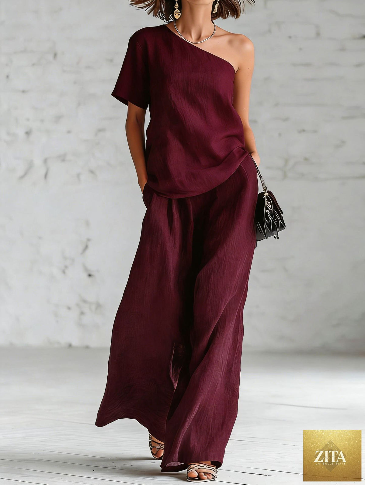 Zita La Belle Elite women's casual wide-leg pants and top set with three-quarter sleeves, stylish and comfortable outfit.